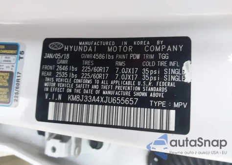 2018 Hyundai Tucson Sel z USA, uszkodzony, nr VIN KM8J33A4XJU655657